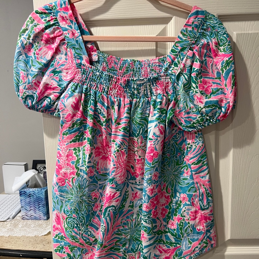 NWT Lilly Pulitzer Keating Linen Top Amalfi Blue Leaf It Wild 6